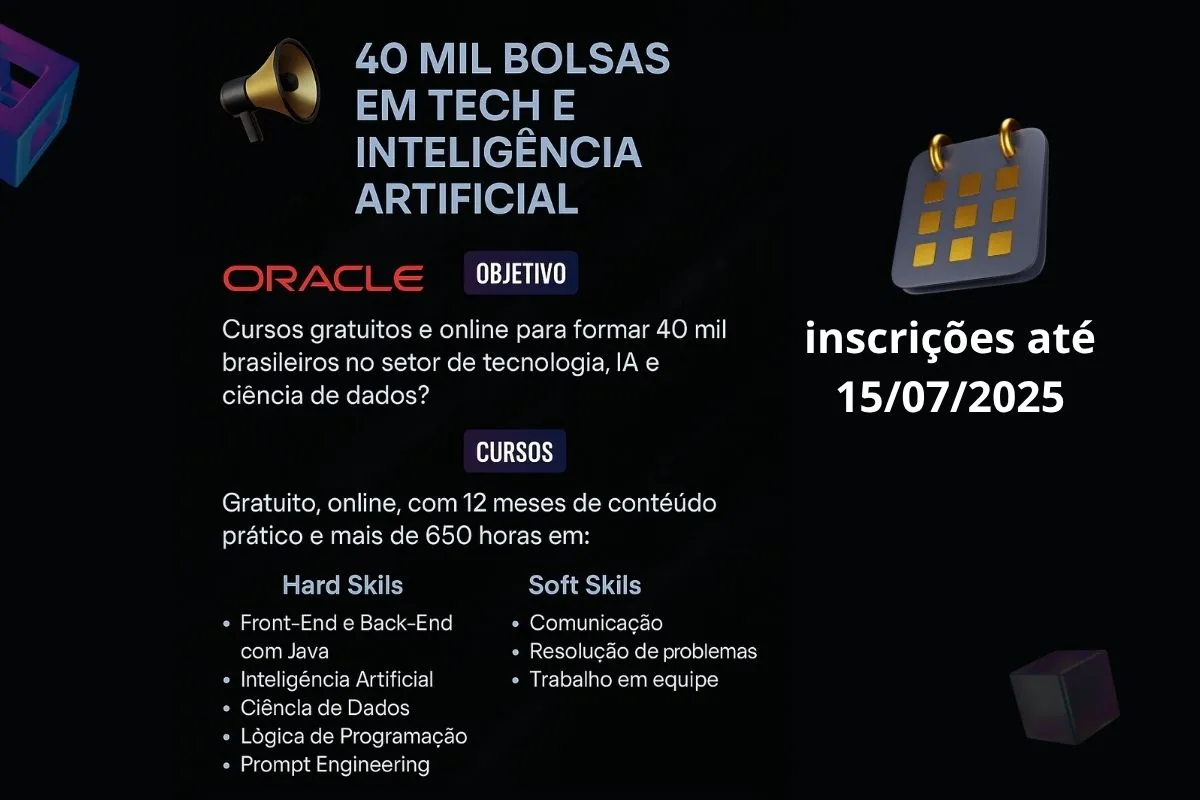 A Oracle está oferecendo 40 Mil Bolsas de estudo para curso gratuito on-line de IA