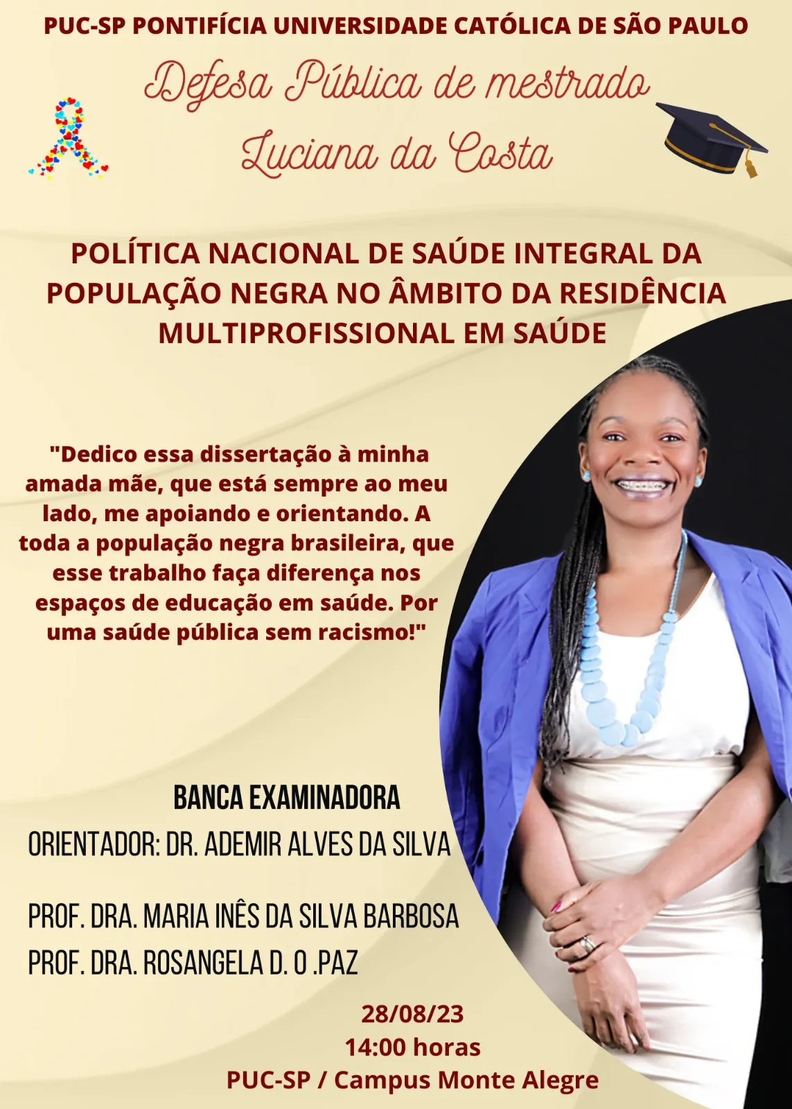 Pesquisadora Luciana da Costa Apresenta Defesa de Mestrado na PUC-SP sobre Política Nacional de Saúde Integral da População Negra