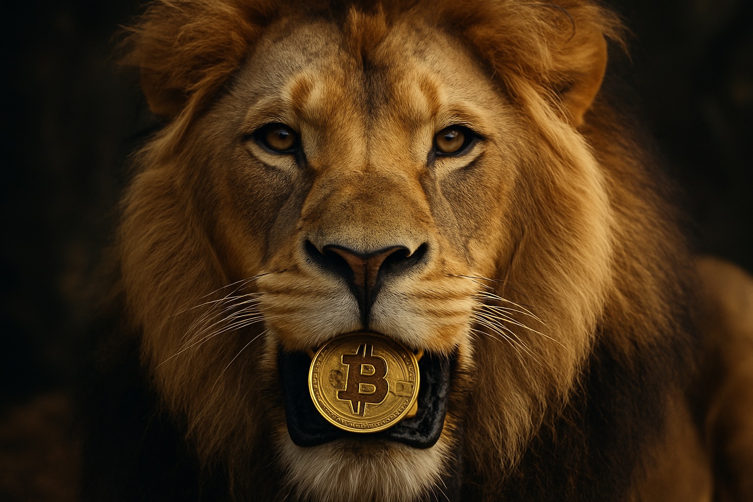 importo sobre a venda de criptomoeda- leão com uma moeda de Bitcoin na boca
