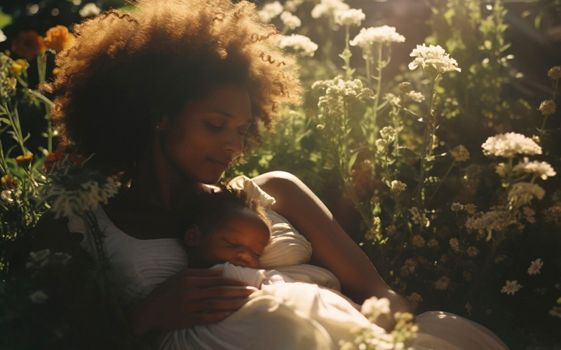 mãe preta serena segurando seu bebê - fonte: freepik